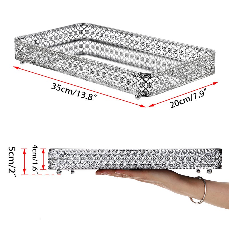 ELLDOO Perfume Tray Mirror Tray Silver Vanity Makeup Hollow-Carved Jewelry Tray Glass Metal Trinket Storage Tray Home Decor Organizer Tray for for Dresser Bathroom Countertop Large Size 13.8""x 7.9"" - Image 5